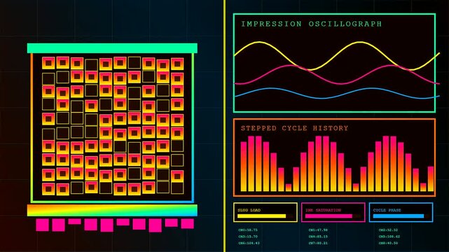 A vibrant digital printing matrix interface showcases moving colorful grid patterns with oscillating wave data panels flickering across a dark electronic monitor screen during live testing