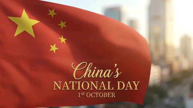 Waving national flag of China celebrating National Day on October 1st with city background