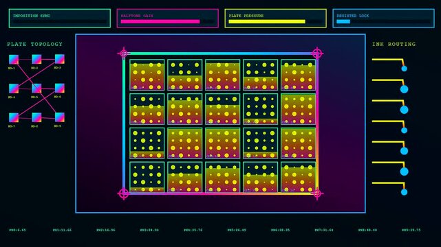 A detailed printing matrix shows colorful halftone dots within a digital interface panel while monitoring plate pressure settings and data flow across three distinct screen segments