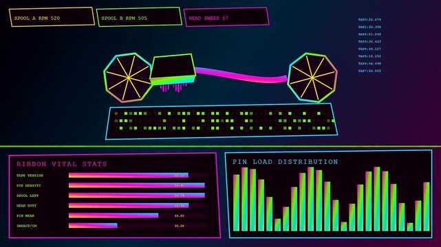 A printing matrix interface displays dynamic data visualizations on a dark glowing screen with neon lines showing mechanical spool rotation and moving hardware pin head status