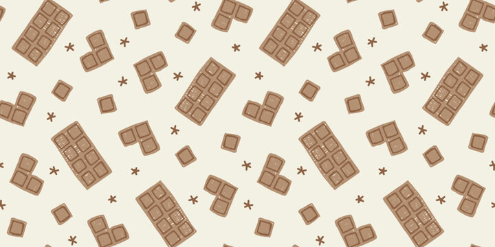 Seamless background pattern with hand drawn chocolate bars and cocoa pieces on cream
