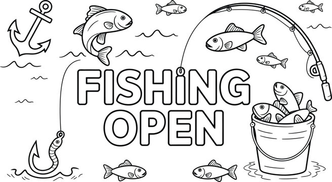 Fishing open typography design with rod fish bucket anchor hook worm and sea waves outline coloring page vector illustration