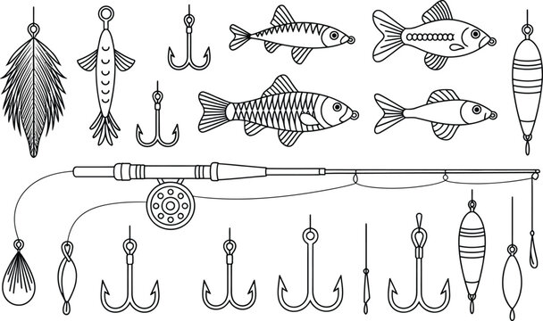 Fishing tackle and gear line art icon set featuring rod reel hooks lures spinners floats bobbers and various fish vector illustration