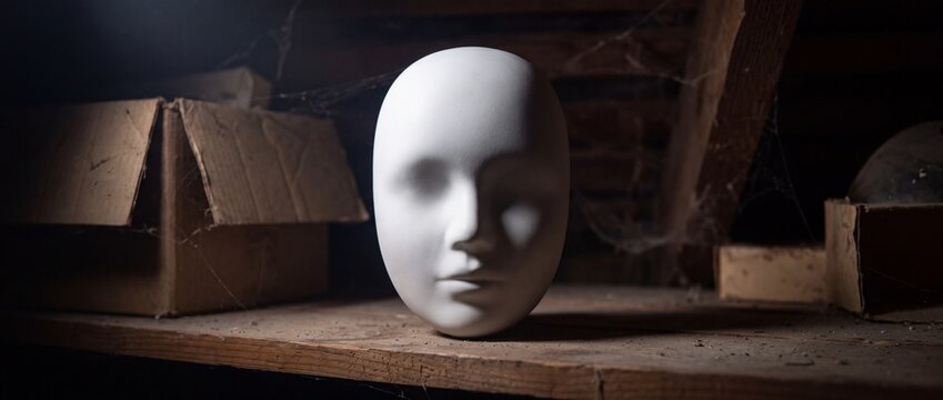 Blank white minimalist mask placed on old wooden shelf in dark dusty attic surroundings abandoned mysterious atmosphere silence emotionless face concept item.