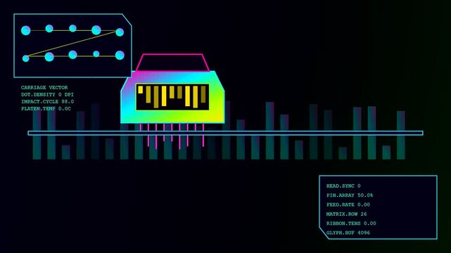 a glowing printing matrix interface displays mechanical data processing cycles with colorful geometric patterns and digital diagnostic status symbols over a dark backdrop in this monitor visualization