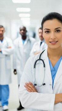Confident young female doctor smiling with colleagues in hospital hallway, medical team portrait concept representing healthcare professionalism and diversity