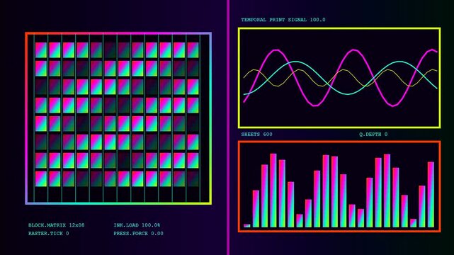 A vibrant printing matrix monitor screen displays dynamic wave signals with colorful frequency charts and digital grid nodes flickering in a dark interface visual style