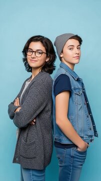 Two young female friends posing back to back wearing casual clothing against a light blue background representing friendship and youth