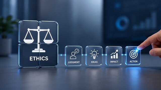 Hand Pressing Action Button In Business Ethics And Judgment Process Concept