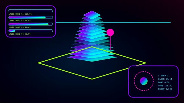 A glowing printing matrix displays volumetric layers with changing progress bars and circular readouts that pulse with vibrant cyan and violet light in digital space