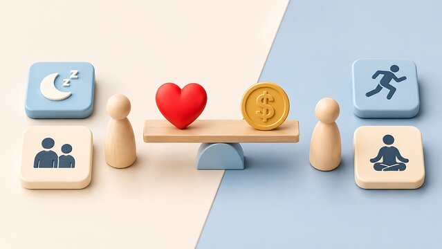 Wooden Scale Balancing Health Heart And Wealth Coin For Lifestyle Wellbeing Concept