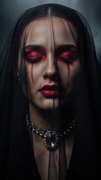 Gothic woman in black veil with dramatic red eye makeup and crystal necklace representing dark fantasy and Halloween concepts