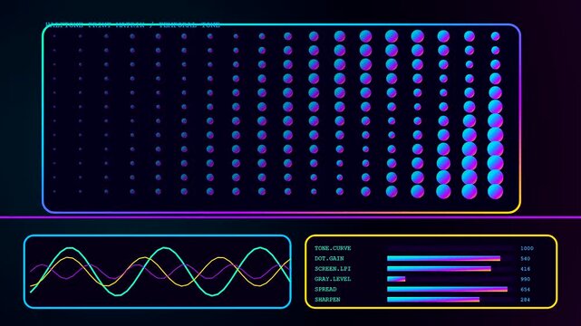 a colorful printing matrix display showing shifting dot patterns with oscillating sine wave lines and digital bar graphs inside a dark modern computing user interface environment