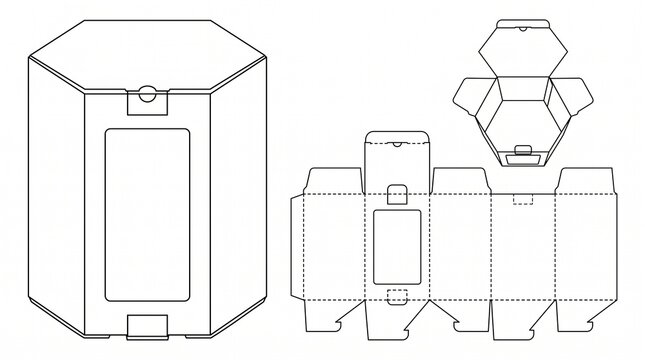 Hexagon Packaging Box Dieline Template with Window and 3D Mockup, Vector Technical Drawing