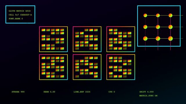 a flickering printing matrix interface displays changing numerical data and geometric grid patterns with shifting circles on a dark digital monitor screen for modern computing systems