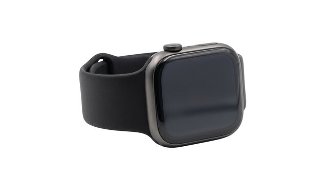 Modern smartwatch with black silicone strap, sleek digital wrist watch on white background, wearable fitness tracker technology