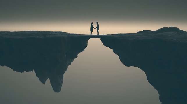721. A conceptual illustration of Fear of intimacy. Two figures standing face-to-face on two separate floating islands of rock, wanting to touch hands but pulling back every time the islands 