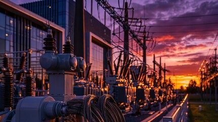 Fototapeta premium Electrical Substation and Power Grid Infrastructure at Dramatic Sunset