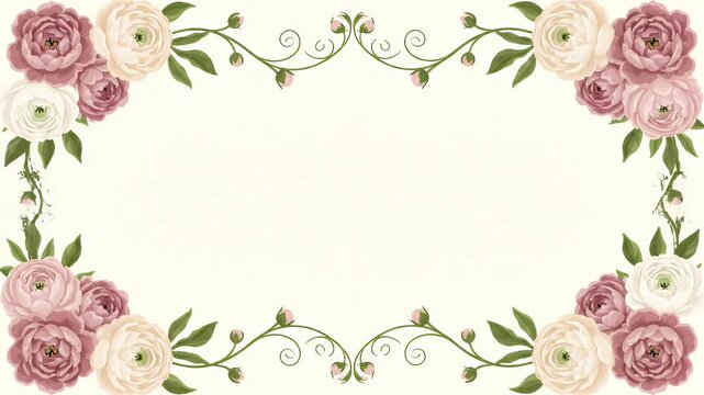 Vintage Floral Frame Illustration with Elegant Dusty Rose and Cream Ranunculus Flowers for Wedding Invitations and Romantic Decorative Stationery