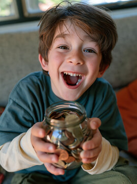Joyful young boy holding jar of coins excited about savings