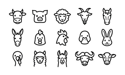 Naklejka premium Cute domestic farm animal line art face icons for educational media.