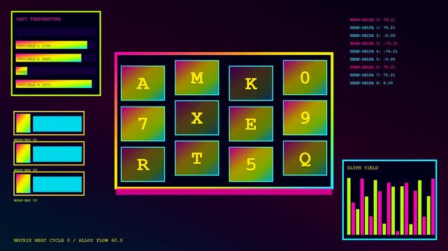A digital printing matrix display showing recurring grid panels of alphanumeric characters and abstract bar charts presented in a glowing vibrant purple and blue color palette