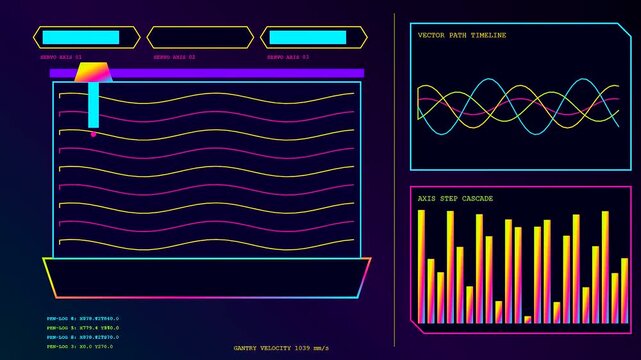A digital printing matrix display showing oscillating wave patterns and bar graphs with neon glowing lines moving across the dark screen for complex data visualization