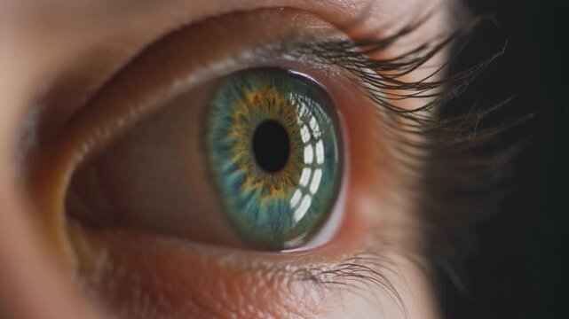 Extreme macro footage of a single beautiful human eye, rich emerald-green iris with subtle gold flecks for National Hispanic Heritage Month