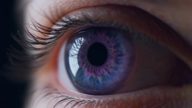 Extreme macro footage of a single beautiful human eye, deep indigo iris with subtle violet tones for National Hispanic Heritage Month