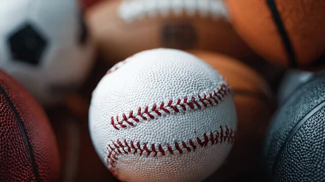 Pile of diverse sports balls including soccer and baseball.