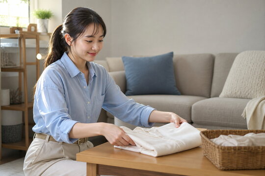 リビングでブラウスをたたむ女性のワードローブ整理