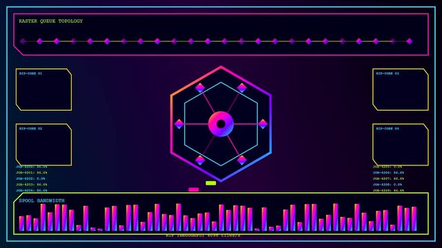 a colorful printing matrix interface displays dynamic data packets across multiple panels showing glowing hexagonal structures with bar charts and neon nodes for advanced monitoring tasks