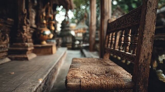 Ornate carved wooden bench in traditional temple interior.