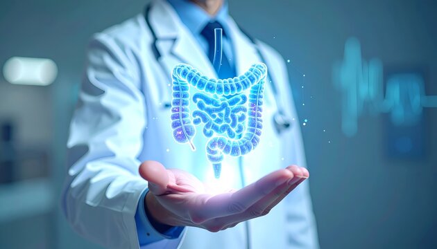 A doctor displays a futuristic holographic digestive system above an open hand, representing intestinal health, gastroenterology, medical science, healthcare technology, and diagnosis.