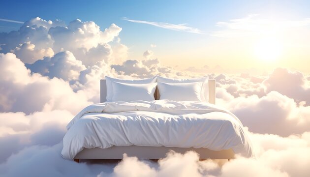 A serene white bed floating among soft clouds beneath a bright blue sky, creating a dreamy concept of peaceful sleep, relaxation, comfort, and tranquil rest.