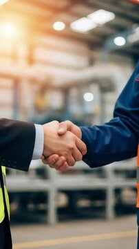 Industrial manager in a business suit shaking hands with a factory worker wearing a high visibility vest