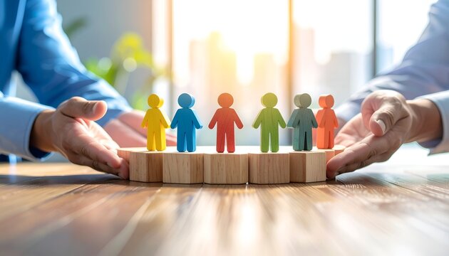 A diverse group of wooden figures arranged under protective hands, conveying safety, social responsibility, inclusion, family care, community support, and a secure shared future.