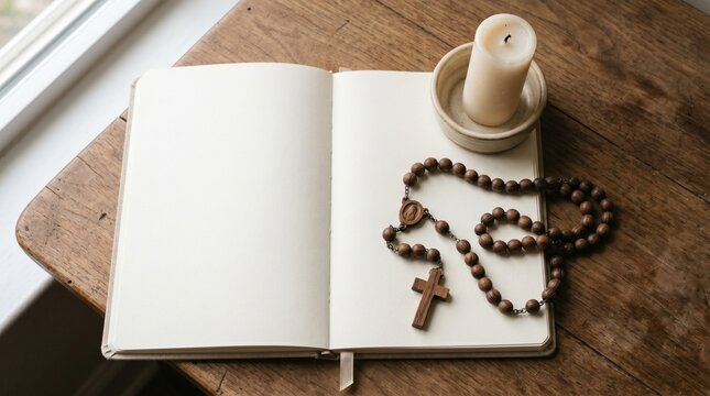 Wooden rosary beside an open notebook on a rustic wooden table  