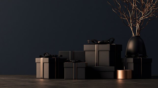 Black Friday Minimal black gift boxes with gold trim and matte vase on dark tabletop for elegant luxury display