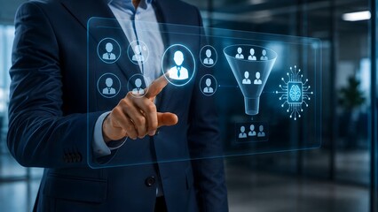 Obraz premium Businessman interacting with a digital sales funnel interface