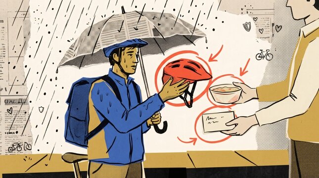 Flat vector style conceptual illustration of people sharing umbrella riding bicycle urban commuting transport. Minimalist modern corporate business graphic art for presentation and web layout..