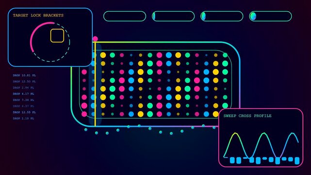 A glowing printing matrix interface displays changing color nodes and oscillating wave patterns during a continuous scanning process on a dark screen within a digital system