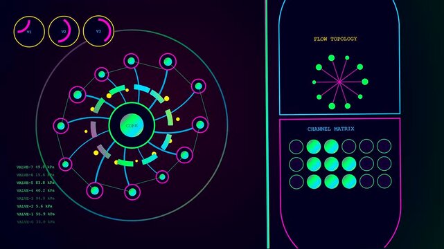 The complex printing matrix animation shows cycling data nodes and pulsing circular light patterns displayed on a glowing screen for advanced monitoring of digital stream flows