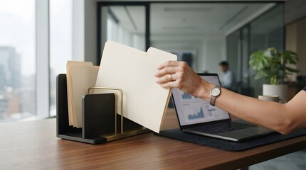 Naklejka premium Business professional organizing paper documents in a modern office setting while working on a laptop computer