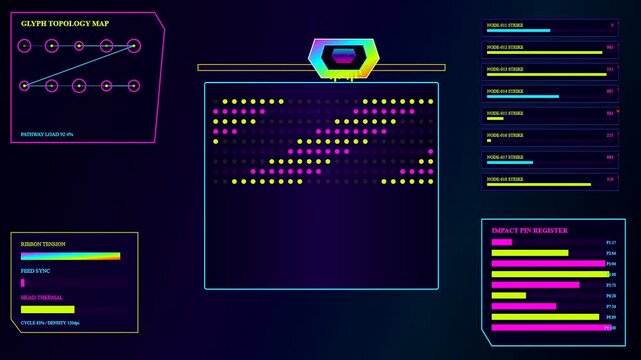 Three screens display a glowing digital printing matrix that pulsates with rhythmic color shifts as abstract patterns oscillate across the dark computational interface grid interface