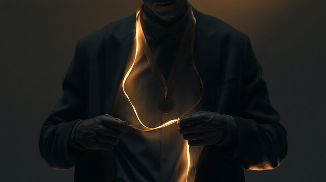 730. A psychological art piece about Self-Validation. A person standing in a dark, empty room, taking a glowing golden ribbon from their own pocket and tying a medal of honor around their own 