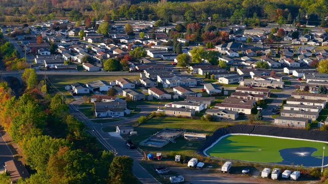Aerial view flying over american mobile home park