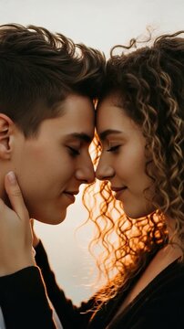 Romantic young couple touching foreheads lovingly at sunset, intimate relationship and love concept