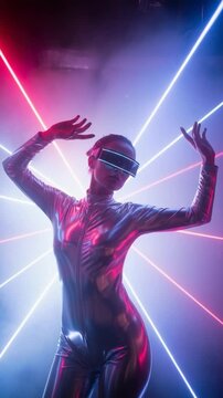 Futuristic young woman wearing silver metallic bodysuit and glowing cyberpunk visor in neon laser light