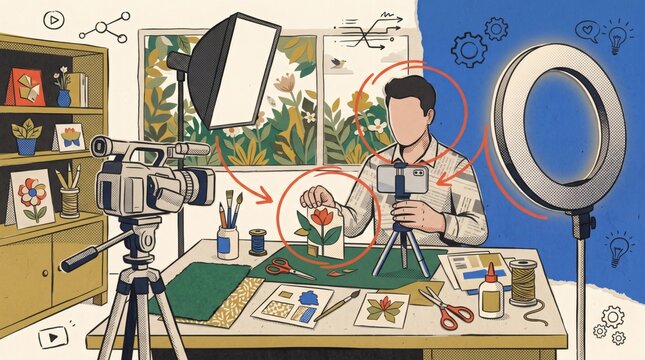 Flat vector style conceptual illustration of video content creator vlogger recording studio camera lighting. Minimalist modern corporate business graphic art for presentation and web layout..